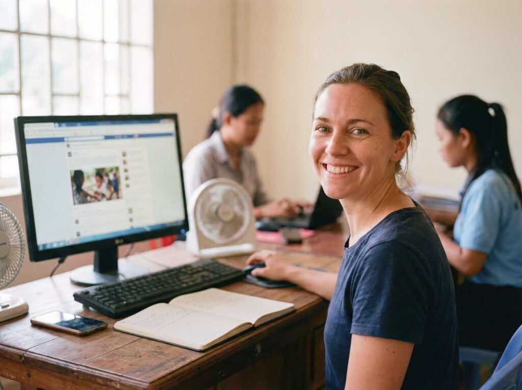 Une bénévole de l'ONG AVEC dans le bureau à Battambang